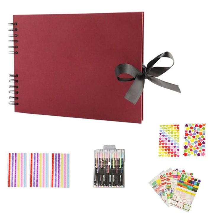 Set 5 Album Foto Creativ, SINBINTA, Carte Memorie DIY, Album Foto Dreptunghiular cu Spirala si Panglica Satin, A4, 40 pagini, Cu accesorii, pentru nunta, Ziua de nastere, Craciun, Ziua Mamei, Carton/Metal, 21.5x29cm, Rosu