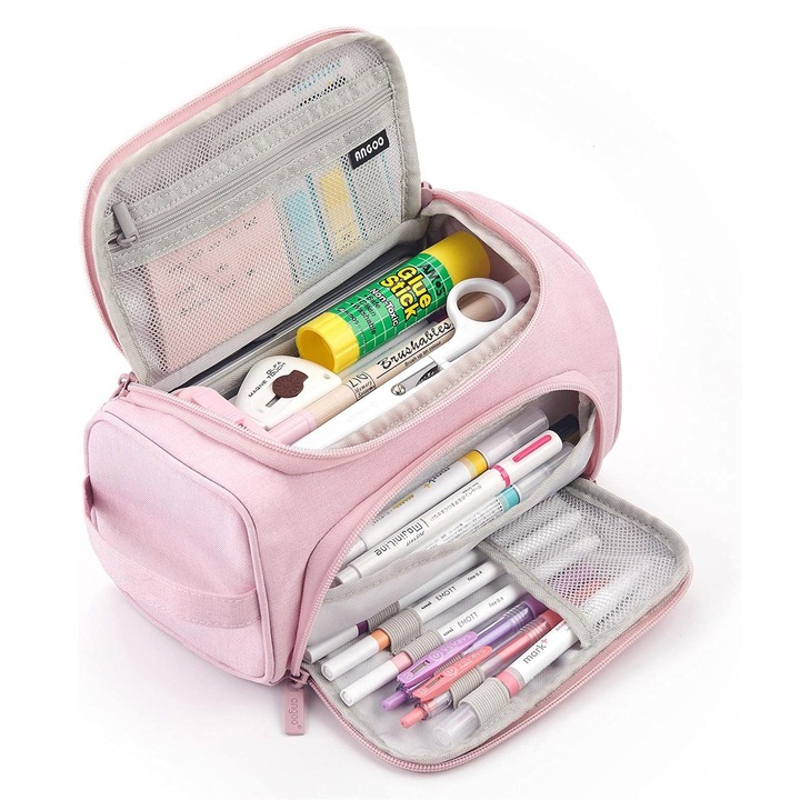 Ученически моливник, Детски моливник, Моливник с цип, Axroad Mall, Капацитет 80-100 аксесоара, Мултифункционален, Водоустойчив, Прахоустойчив, Миещ се, С дръжка, Атрактивен дизайн, Найлон, 22 x 12 x 19 см, Розов