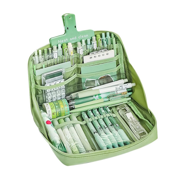 Училищен моливник, детски моливник, Axroad Mall, дизайн с широки отвори, голям капацитет, 12 отделения, водоустойчив, лесен за почистване, дизайн с цип, с дръжка, атрактивен дизайн, преносим, полиестер, зелен, 23x16x6 cm