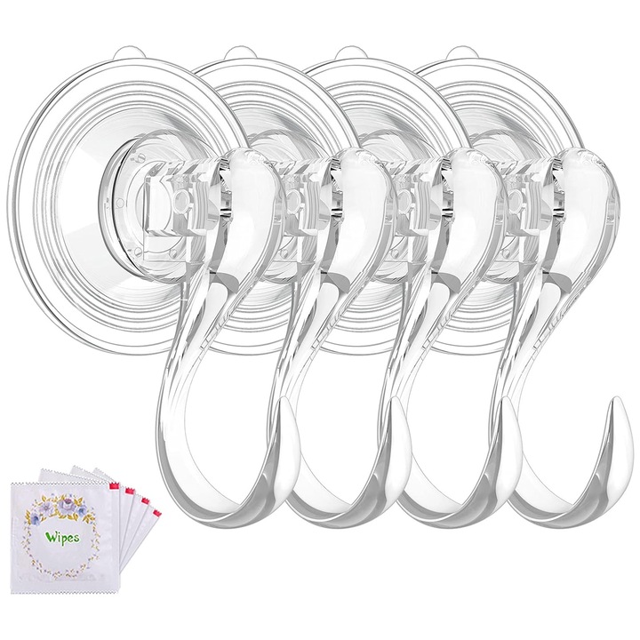 Set 4 Carlige cu Ventuza, SINBINTA, Cu Servetele umede, Capacitate 5kg, Reutilizabile, No-drilling, Anti-rugina si rezista la eroziune, Economisire de spatiului, Pentru baie, bucatarie, birou, Plastic, 9.5x6.8cm, Transparent