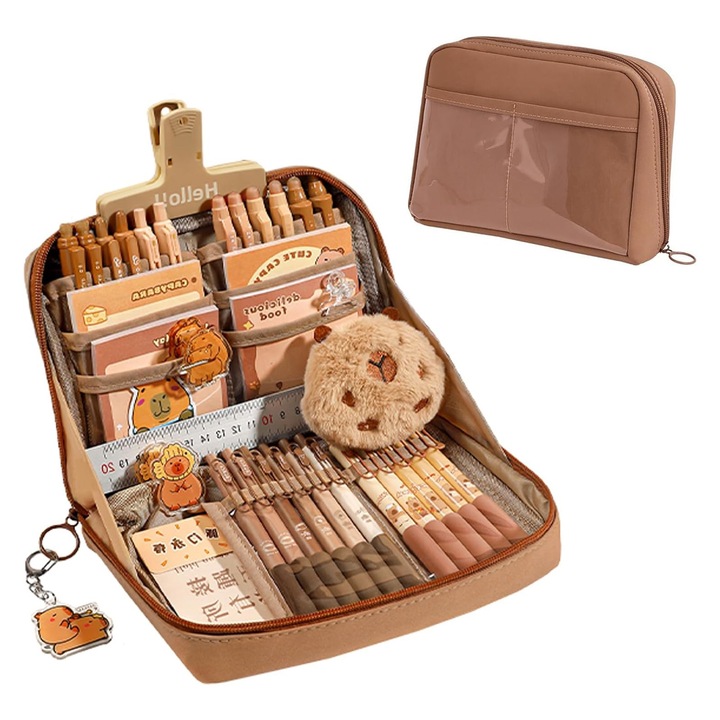 Penar scolar, Penar pentru copii, Axroad Mall, Design cu deschidere larga, Capacitate mare, 12 compartimente, Impermeabil, Usor de curatat, Design cu fermoar, Cu maner, Design atragator, Portabil, Poliester, Maro, 23x16x6cm