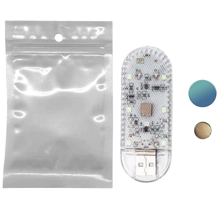 Lumina Ambientala Picior Auto, SINBINTA, Interior masina, Fir neon, 5 moduri lumina, Sensibil la atingere, Magnetic, RGB, 6 LED-uri, 200mAh, Incarcare USB, 5V, Cu accesorii, Universale, Portabila, Plastic, 8x3x1.1cm, Alb