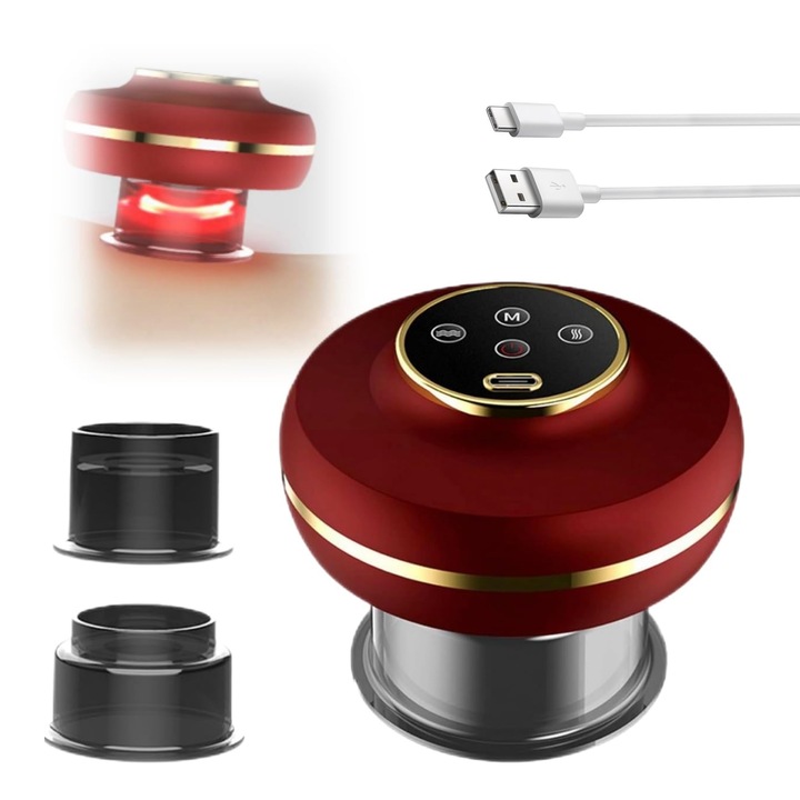 Масажор с вендузи, SINBINTA, 2 вида вендузи, терапия с червена светлина, LCD дисплей, регулируема температура, 3 режима на засмукване, преносим, отпуска мускулите, подобрява кръвообращението, 9.5x8.5 см, ABS, червен