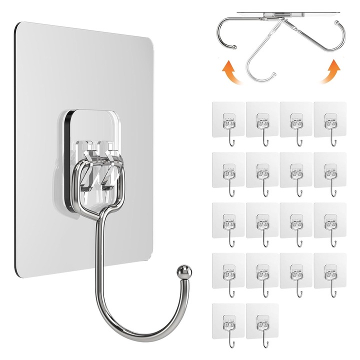 Куки SINBINTA, Самозалепващи, Комплект от 20 супер здрави самозалепващи куки, С лепило, Монтаж без пробиване, Водоустойчиви и устойчиви на ръжда, За баня и тоалетна, кухня и врата, Пластмаса/Желязо, 7x7 см, Прозрачни