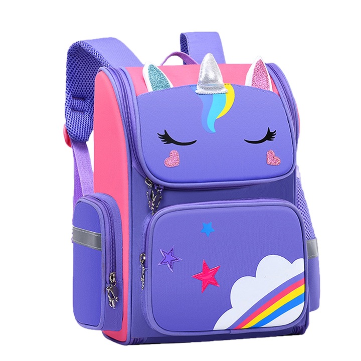 Gyerek iskolatáska, SINBINTA, Iskolahátizsák, Több rekeszes, Vízálló, Ergonomikus, Fényvisszaverő, Nagy kapacitású, Állítható pántok és Puha és Légáteresztő Szivacs, Unikornis Minta, Oxford, 24x12x37cm, Lila