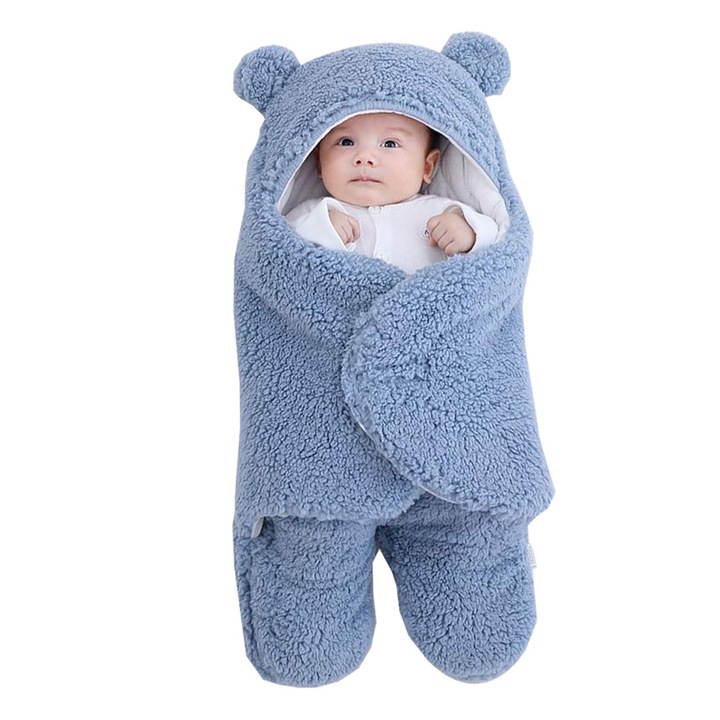 Sac de Dormit Pentru Bebelusi, SINBINTA, Paturica Bebe, Paturica Pentru Infasat, 0-1 luni, Velcro ajustabil, Cu picioare, Cu gluga, Moale pe interior, calduros, Protectie anti vant, Unisex, Bumbac/Casmir artificial natural, 68x60cm, Albastru