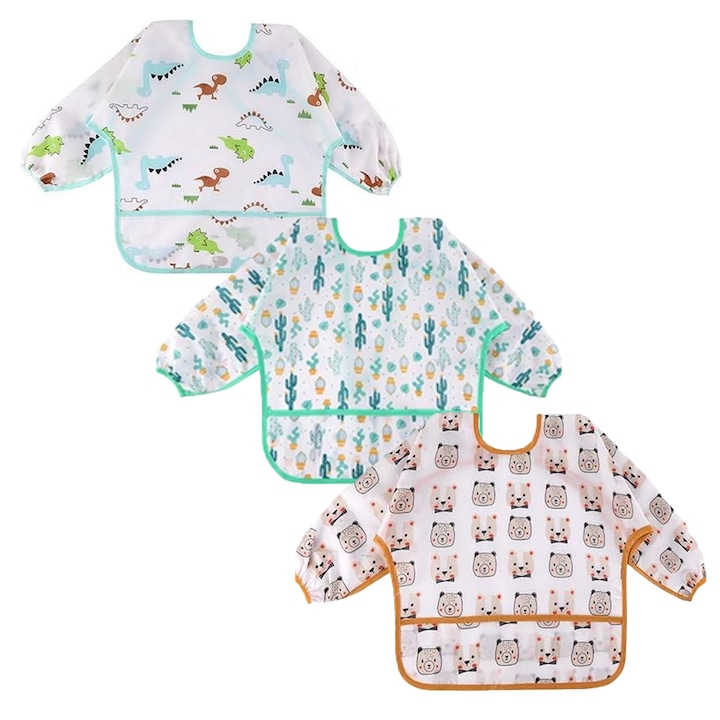 Комплект от 3 бебешки лигавници с ръкави, SINBINTA, водоустойчив лигавник с дълги ръкави, 0-4 години, устойчив на влага и масло, с джоб, модел с динозавър/мече/кактус, лесен за почистване, полиестер, 40x39 см, многоцветен