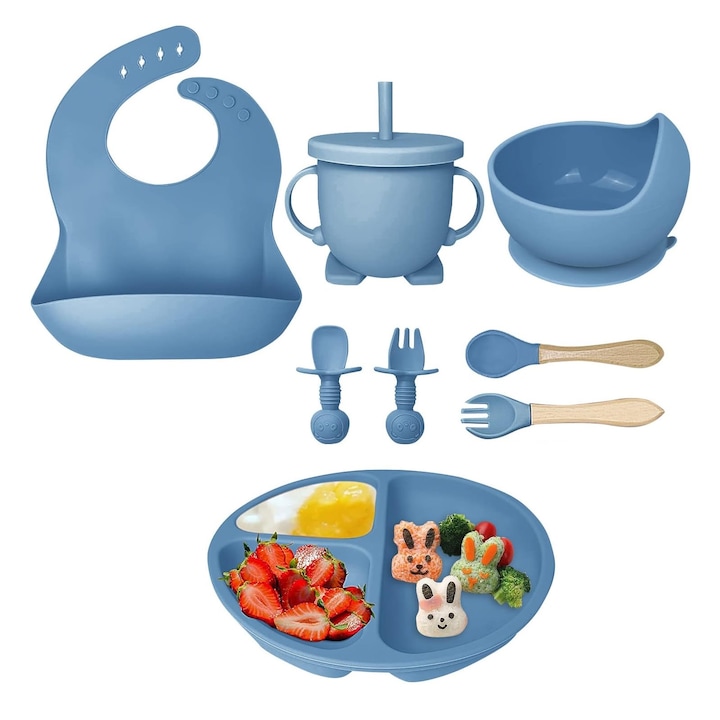 Set 8 Piese Hranire Pentru Bebelusi, SINBINTA, Baveta ajustabila, Farfurie, Bol cu ventuza, Lingurita, Furculita, Cana cu pai, Fara alergeni, Pliabile, Usor de curatat, Anti-alunecare, Pentru diversificarea hranei, Silicon, Albastru