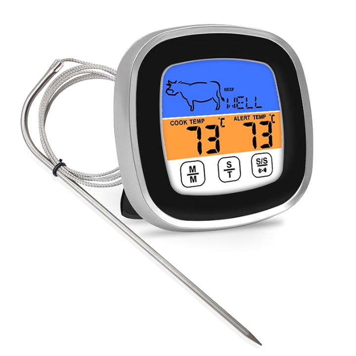 Кухненски термометър за храна SINBINTA, Отчитане за 1 секунда, Сензорен дисплей, Функция таймер и аларма, Предварително програмиран, Температурен диапазон -20-250°C, Сонда от неръждаема стомана, 7,5x7,5 см, Сребрист/Черен