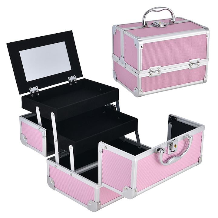 Geanta Mare Capacitate Cosmetice Voiaj, SINBINTA, Cutie Organizator Cosmetice, Cu maner si oglinda, 3 compartimente, 2 rafturi, Capacitate mare, Compacta si portabila, Pentru calatorii si cumparaturi in aer liber, Aliaj de aluminiu, 23x17x17cm, Roz