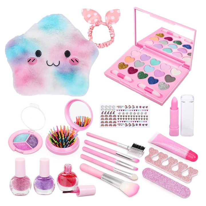 Trusa de Machiaj Pentru Copii, SINBINTA, Set Cadou Fetite, Include 2 farduri, 3 lacuri de unghii, 5 pensule, perie cu oglinda, 1 rujuri, 1 luciu, 2 pila de unghii, 2 stickere, geanta de umar, elastice, Usor de transportat, Non-toxic, 18x8.5cm, Roz