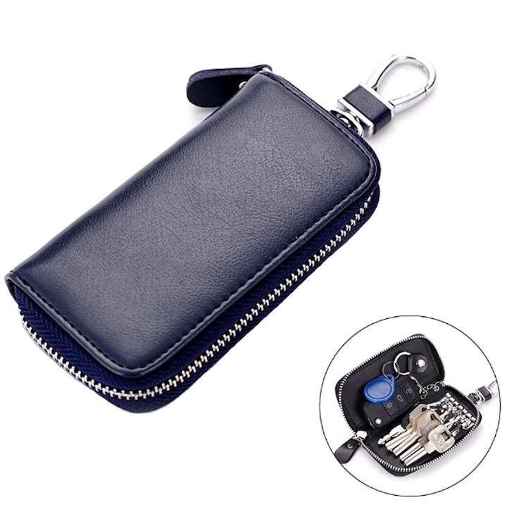 Organizator Chei Din Piele Naturala, SINBINTA, Port Chei cu Capacitate 6 Chei, Tip Portofel, Portofel, compact, Cu fermoar, Impermeabil si rezistent la rugina, Pentru bancnote, carduri si monede, Piele naturala/Metal, 11x6x3cm, Albastru