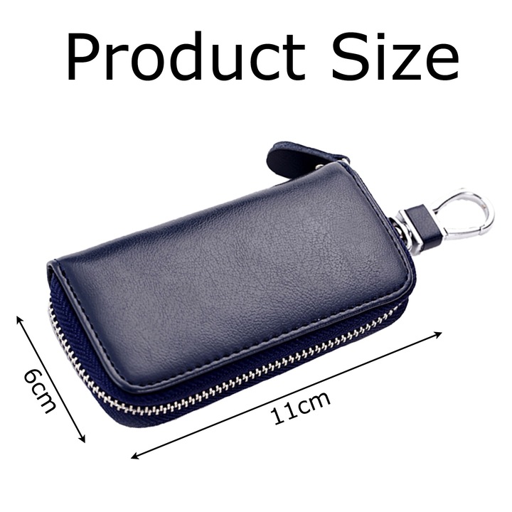 Organizator Chei Din Piele Naturala, SINBINTA, Port Chei cu Capacitate 6 Chei, Tip Portofel, Portofel, compact, Cu fermoar, Impermeabil si rezistent la rugina, Pentru bancnote, carduri si monede, Piele naturala/Metal, 11x6x3cm, Albastru