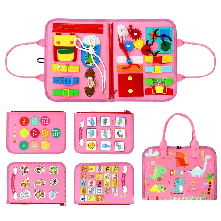 Carte Senzoriala Educativa Montessori 7in1, toolsy, 26 de Activitati, Dezvoltare Abilitati Motorii, 4 Pagini, Model Dinozauri, 28x22x7 cm, Roz