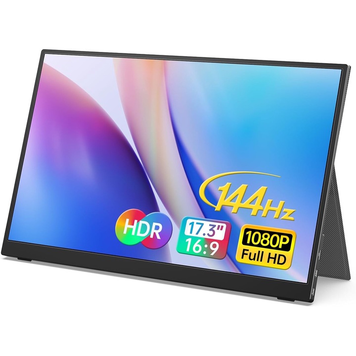 WUFK hordozható monitor 17,3 hüvelykes, 1080P FHD, 144 Hz HDR, IPS fém tok, sRGB 100%, Type-C/HDMI, fekete