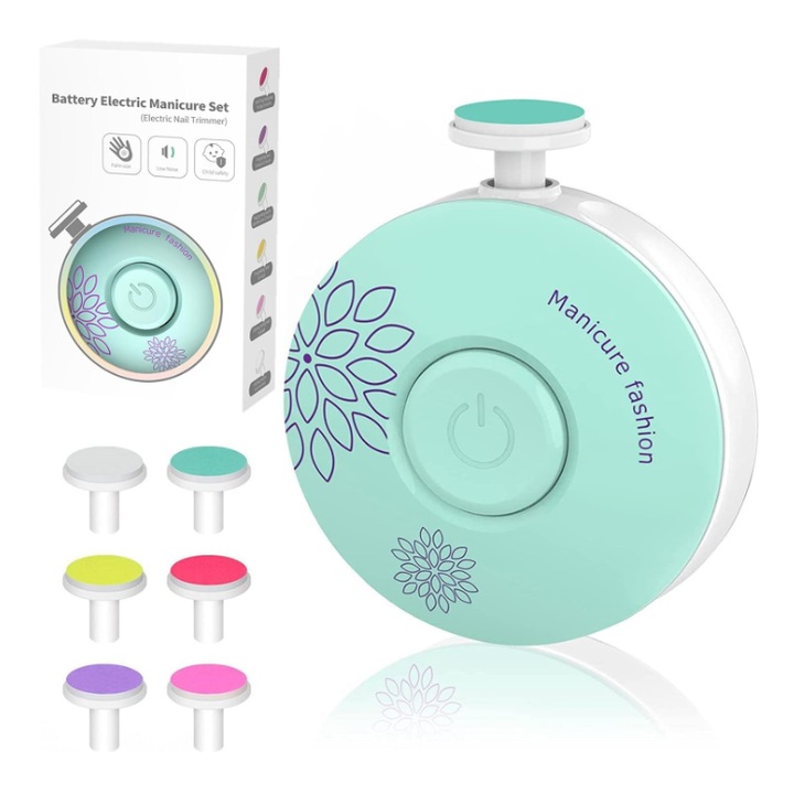 Set trimmer unghii electric 6 in 1 pentru bebelusi si adulti, design rotund, functionare silentioasa, portabil