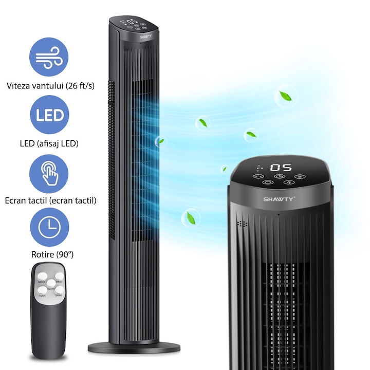 Ventilator turn, SHAWTY®, 5 viteze, 3 moduri de repaus, somn/vant natural/normal, temporizator 12 ore, panou control LED, telecomanda, balansare la 90 de grade, baza stabila, negru-gri