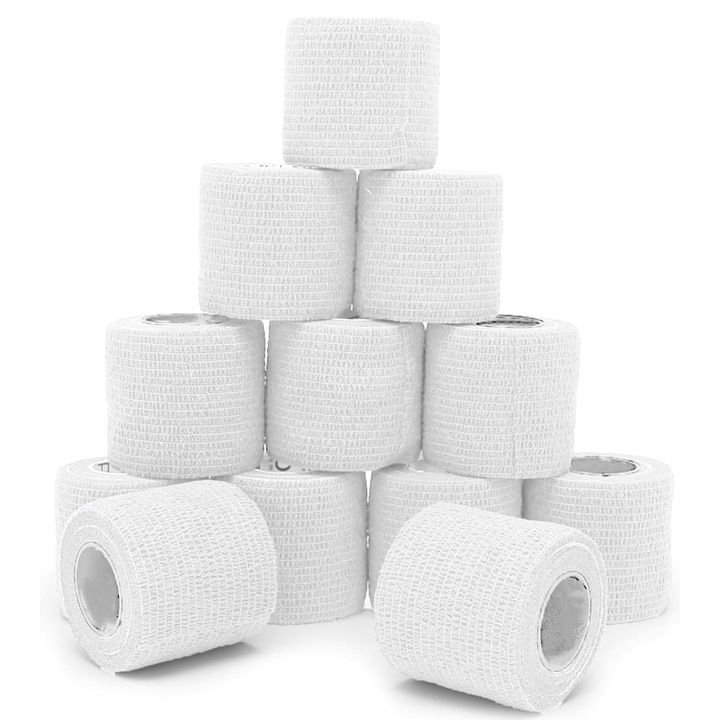 Bandaj elastic autoadeziv 5 x 450cm, WANDAVICTA®, Pentru Incheietura Wrist, Glezna, Entorsa Umflaturi, Sport - Bandaj Sportiv Autoaderent,12 pachete de bandaje elastice (alb）