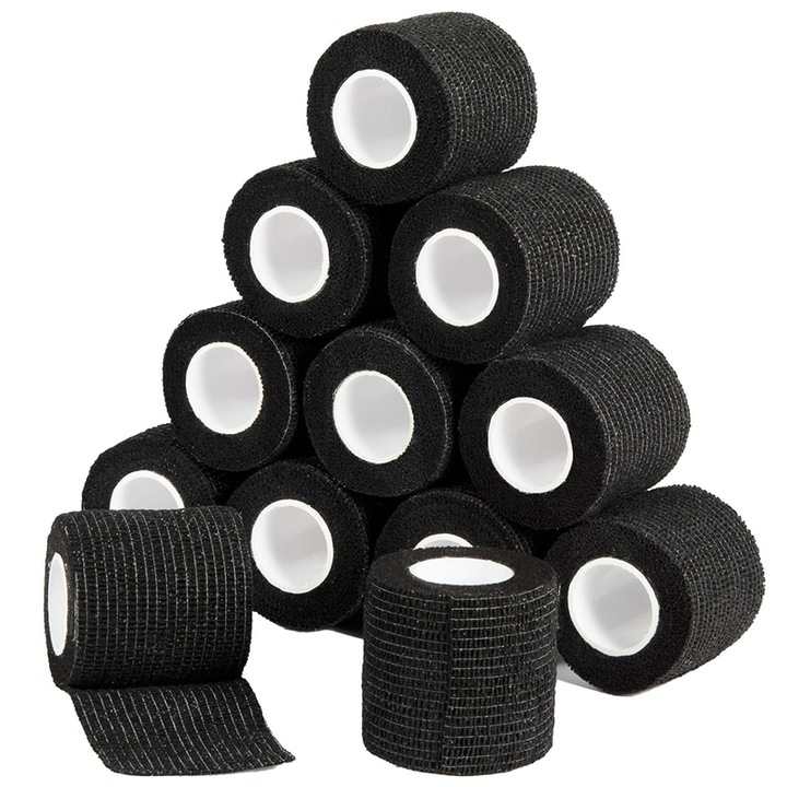 Bandaj elastic autoadeziv 5 x 450cm, WANDAVICTA®, Pentru Incheietura, Wrist, Glezna, Entorsa Umflaturi, Sport - Bandaj Sportiv Autoaderent,12 pachete de bandaje elastice (negru）