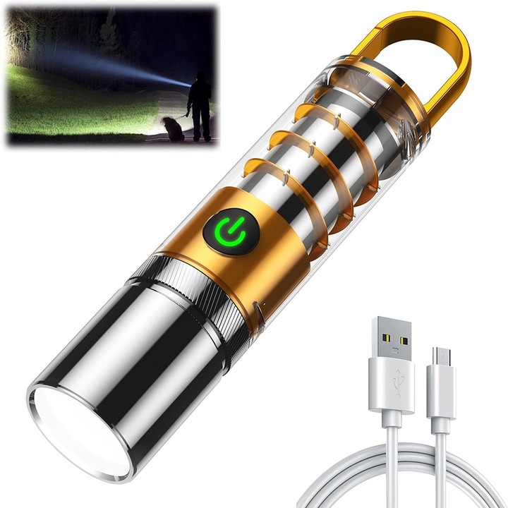 Мощен LED фенер, мащабируем, 6 режима, златен, 3x16 см, USB презареждаем, водоустойчив
