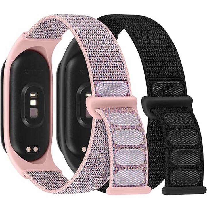 Set 2 Curele de Schimb Compatibil Xiaomi Mi Band 3/4/5/6/7, Hggzeg, Curea de mana reglabila 150mm-180mm, Design cu velcro, Lavabil, Respirabil, Usor si confortabil, Rezistent, Nylon/TPU, 215 × 14mm, Negru/Roz