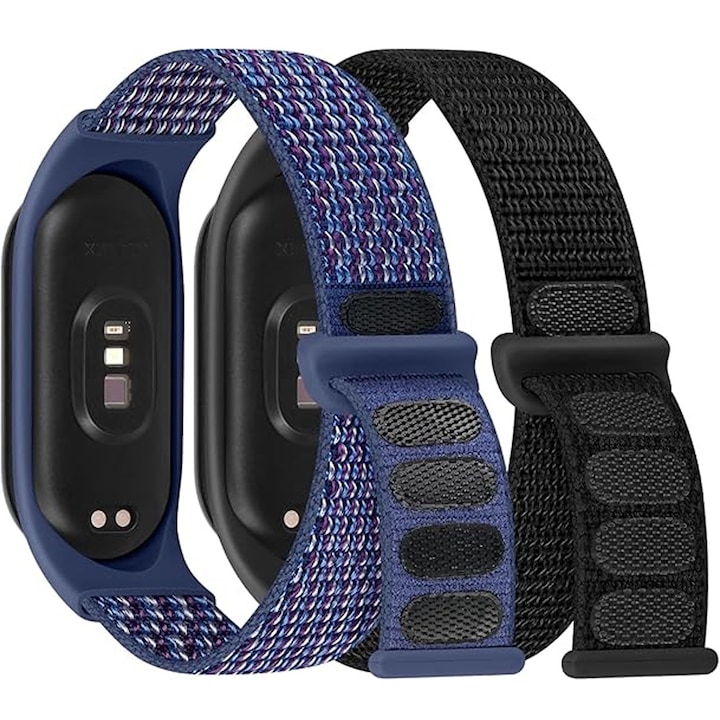 2 db csereszíj készlet, amely kompatibilis a Xiaomi Mi Band 3/4/5/6/7, Hggzeg, állítható csuklópánt 150-180 mm, tépőzáras kivitel, mosható, lélegző, könnyű és kényelmes, tartós, nylon/TPU, 215 × 14 mm, fekete/kék