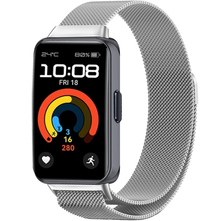 Каишка за фитнес гривна, съвместима с Huawei Band 8/9, Hggzeg, магнитна катарама, регулируема 140-220 mm, мрежеста, устойчива на корозия, лека, водоустойчива и дишаща, неръждаема стомана, 210 * 19 mm, сребриста