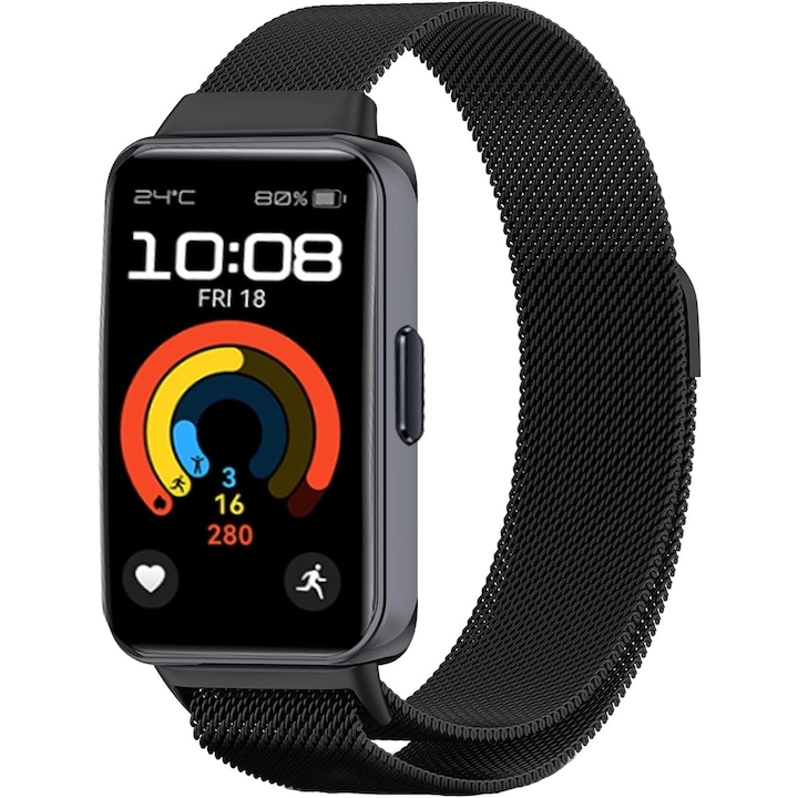 Каишка за фитнес гривна, съвместима с Huawei Band 8/9, Hggzeg, магнитна катарама, регулируема 140-220 mm, мрежеста, устойчива на корозия, лека, водоустойчива и дишаща, неръждаема стомана, 210 * 19 mm, черна