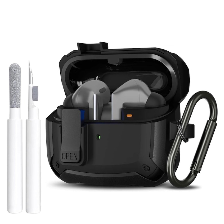 Husa casti, RASK, Compatibil cu Samsung Galaxy Buds 3/Buds 3 Pro, cu breloc de cheie si Kit de curatare, Negru