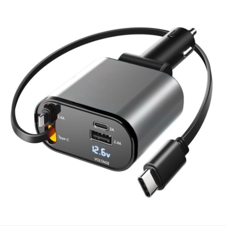 Autós töltő BeSmart 100W visszahúzható, szupergyors töltés, 4 az 1-ben, univerzális, Type-C + Lightning, USB, kompatibilis Samsung, iPhone