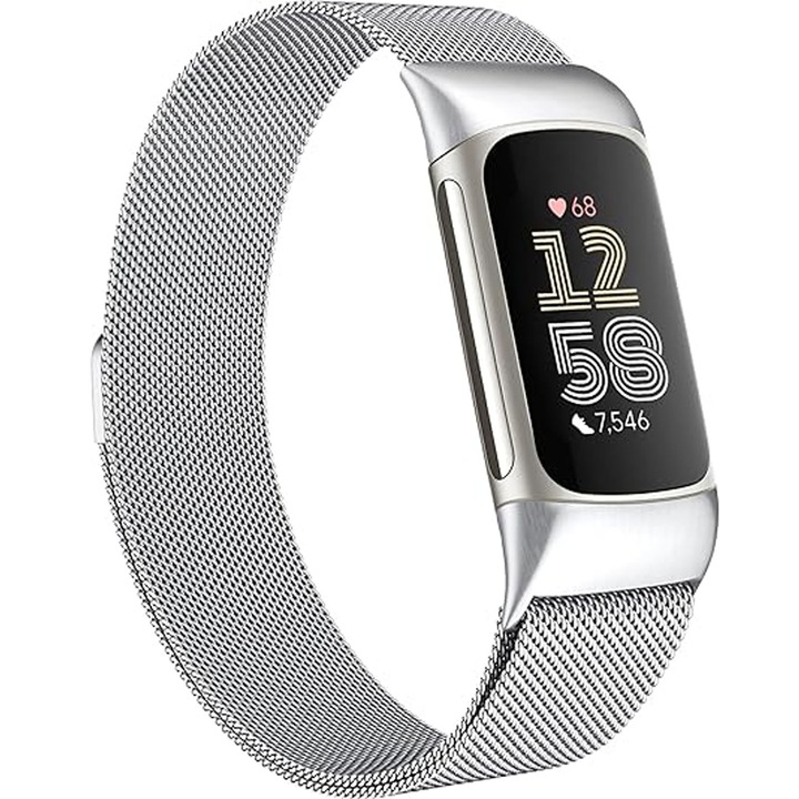 Curea Bratara Fitness Compatibil Fitbit Charge 6/Charge 5, Hggzeg, Catarama magnetica, Reglabila140-220mm, Asemanator unei retele, Este Rezistenta la coroziune, Usoara, Impermeabila si respirabila, Inox, 230 * 23.3mm, Argintiu