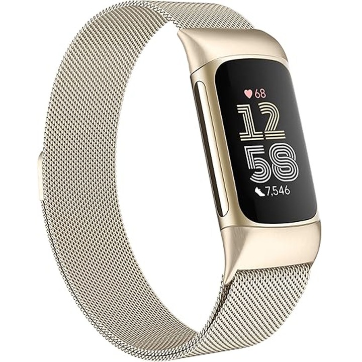 Curea Bratara Fitness Compatibil Fitbit Charge 6/Charge 5, Hggzeg, Catarama magnetica, Reglabila140-220mm, Asemanator unei retele, Este Rezistenta la coroziune, Usoara, Impermeabila si respirabila, Inox, 230 * 23.3mm, Auriu