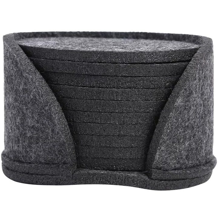 Set 10 Coaster, Hggzeg, Cu sac de depozitare, Diametru 10 cm, Rotund, Antiderapant, Protectie puternica, Absorbtie mare de apa, Moale si durabil, Design elegant, Pentru casa, bucatarie, hotel, Textil, Gri inchis