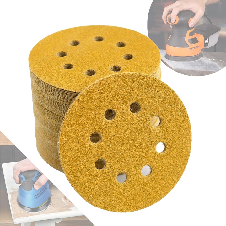 Set 100 Disc Abraziv, SINBINTA, Usor de utilizat, Rezistenta puternica la uzura si moliciune ridicata, 8gauri, Granulatie80, Colectare Eficienta A Prafului, Pentru lustruire si finisare, Oxid de aluminiu, 125mm, Auriu