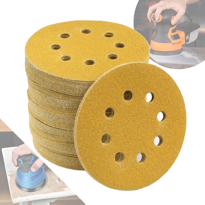 Set 100 Disc Abraziv, SINBINTA, Usor de utilizat, Rezistenta puternica la uzura si moliciune ridicata, 8gauri, Granulatie100, Colectare Eficienta A Prafului, Pentru lustruire si finisare, Oxid de aluminiu, 125mm, Auriu