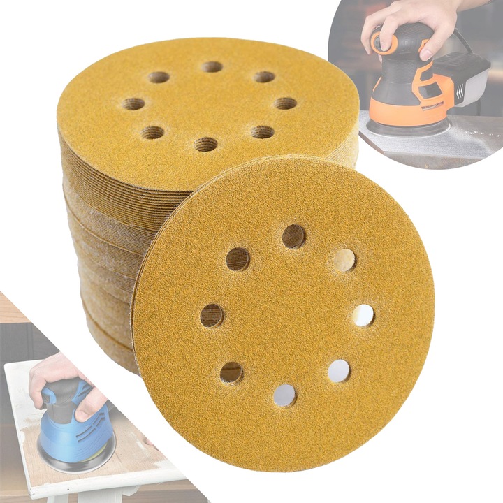 Set 100 Disc Abraziv, SINBINTA, Usor de utilizat, Rezistenta puternica la uzura si moliciune ridicata, 8gauri, Granulatie120, Colectare Eficienta A Prafului, Pentru lustruire si finisare, Oxid de aluminiu, 125mm, Auriu
