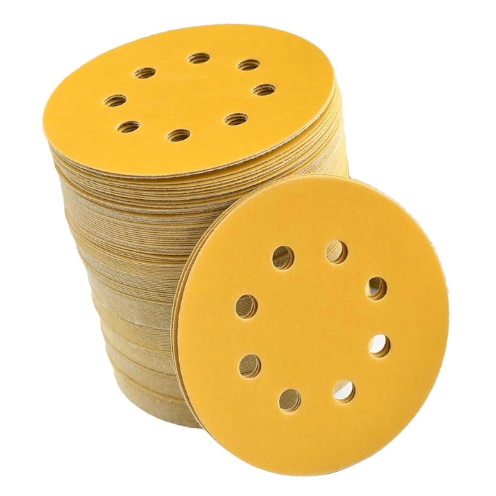 Комплект от 100 абразивни диска, SINBINTA, лесен за използване, силна устойчивост на износване и висока мекота, 8 отвора, зърно 800, ефективно събиране на прах, за полиране и довършване, алуминиев оксид, 125 mm, злато