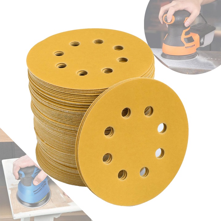 Set 100 Disc Abraziv, SINBINTA, Usor de utilizat, Rezistenta puternica la uzura si moliciune ridicata, 8gauri, Granulatie800, Colectare Eficienta A Prafului, Pentru lustruire si finisare, Oxid de aluminiu, 125mm, Auriu