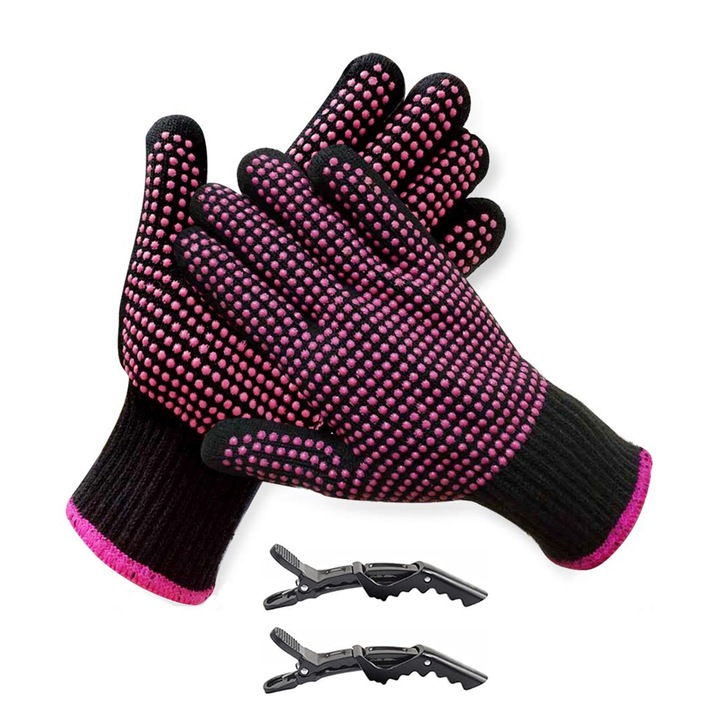 Set Manusa de protectie pentru aparate de indreptat, SINBINTA, Pereche Manusi termorezistente pentru coafat, Accesorii tuns si vopsit, Antiderapant, Protectie termica, Negru / Roz