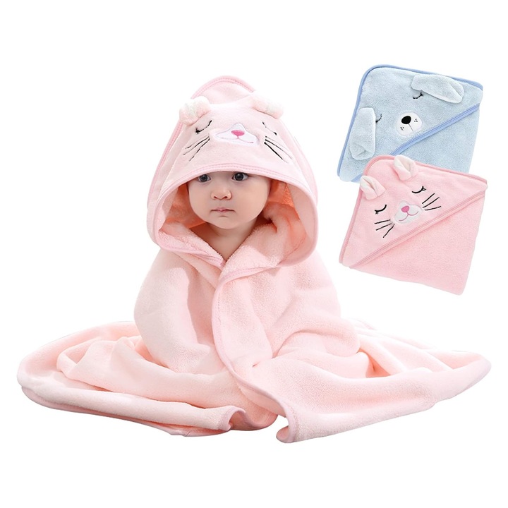 Prosop de Baie cu Gluga pentru Bebelusi, Prosop De Baie Pentru Copii, SINBINTA, Rezistent la vant si cald, Super Absorbant, Design infasurator la 360°, Hipoalergenic, Atat pentru baieti cat si pentru fete, Poliester, 105x105cm, Roz+Albastru