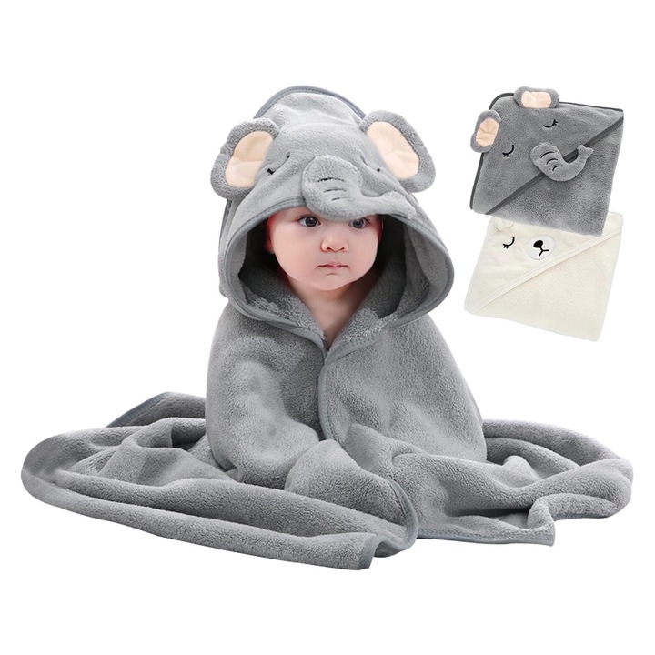 Prosop de Baie cu Gluga pentru Bebelusi, Prosop De Baie Pentru Copii, SINBINTA, Rezistent la vant si cald, Super Absorbant, Design infasurator la 360°, Hipoalergenic, Atat pentru baieti cat si pentru fete, Poliester, 105x105cm, Alb+ Gri