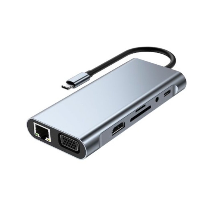 BeSmart dokkolóállomás, 11 az 1-ben, USB-C, 3 x USB 3.0, 4K/30HZ, TF/SD kártya, audioport, PD100W, Gigabit Ethernet port 1000M, VGA, metálszürke
