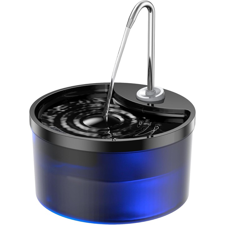 Automata szökőkút vízadagoló macskáknak és kutyáknak, aktív szén szűréssel, 3L, USB, ultrahalk, beépített LED-del, intelligens riasztó alacsony vízálláshoz, Átlátszó fekete