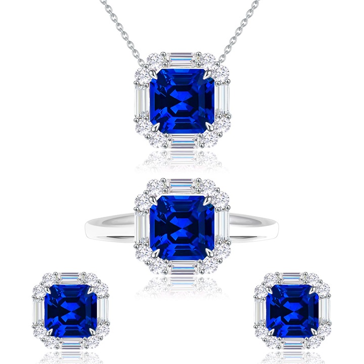 Set de bijuterii pentru femei rafinat, include colier, cercei si inel (dimensiune reglabila), Albastru inchis/argint, DYN@, zircon, pietre pretioase artificiale patrate rafinate, simplu si pur, high-end, cadou pretios, inclusiv cutie de bijuterii delicata