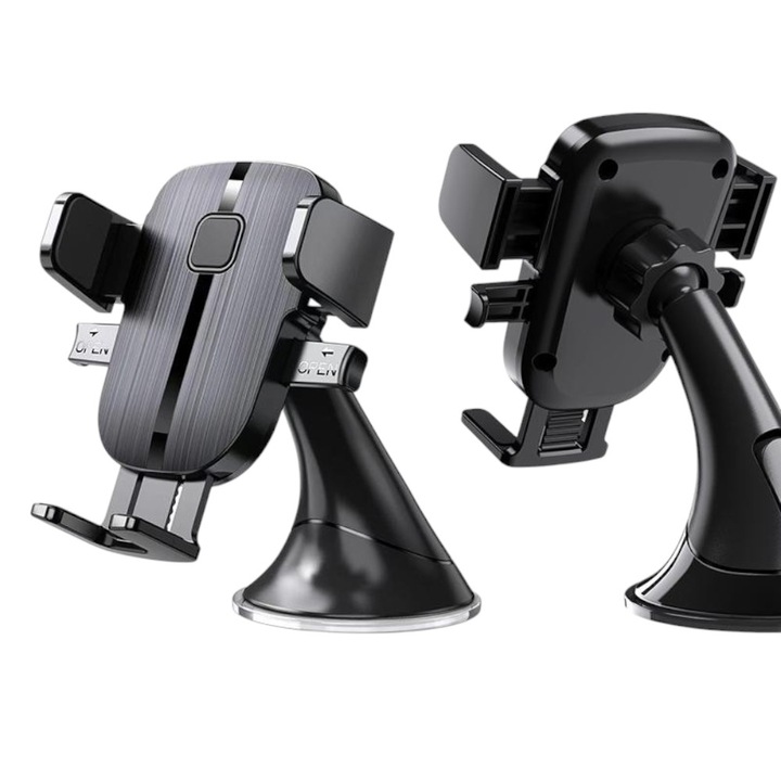 Suport auto pentru telefon, C120, ajustabil, rezistent, prindere ventuza, buton fixare, prindere bord, negru
