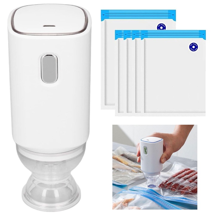 Vákuum és tömítő, RASK, 5 újrafelhasználható zacskó, automata, újratölthető, ABS, fehér