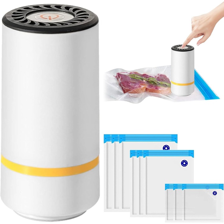 Aparat de vidat, RASK, Sigilat Alimente, 9 pungi reutilizabile, incarcare USB, portabila, alb
