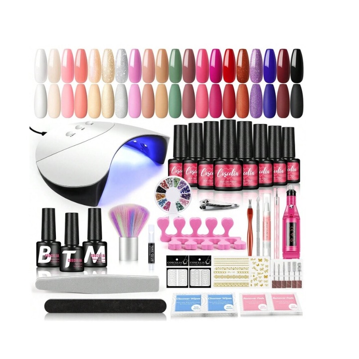 Комплект за маникюр Coscelia, UV LED лампа SunOne, Комплект от 20 цветни гела, Обезмаслител, Грунд, Топ, Основа, Декорации, Съвети, Аксесоари