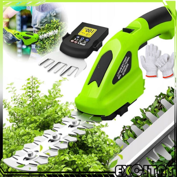 Foarfeca electrica pentru tuns gard viu, EXCITAT®, 2000 mah, 23.5 cm lungime cutit, Unelte electrice de gradinarit, Incarcare USB-C, Pentru gradina si gazon, Taiere iarba si tufe, Verde
