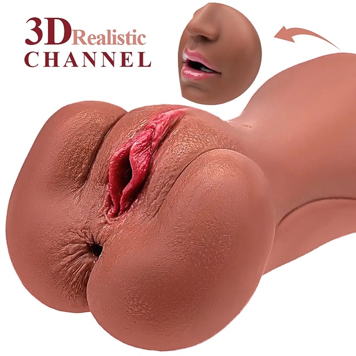 Masturbator ultra-realistic 3 gauri, Jucarie sexuala Wanyan®, vaginal si anal, gura cu dinti, din silicon premium non-toxic, canale cu striatii 3D, design anatomic, usor de curatat, rezistent la apa